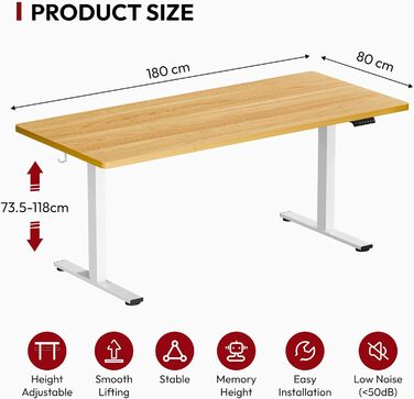 Електричний регульований стіл Sanodesk 180x80 см з пам'яттю, для офісу та дому (Акорн)