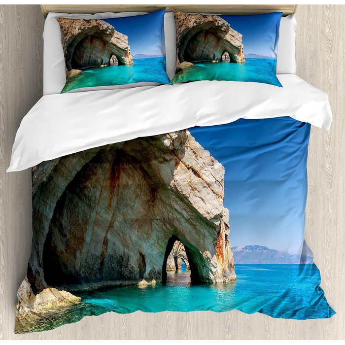 Греція Набір підковдр для односпальних ліжок, Морська печера на Закінфі, Захист від кліщів Алергіки Підходить з наволочкою, (230 x 220 см - 70 x 50 см, Tan Pale Blue)