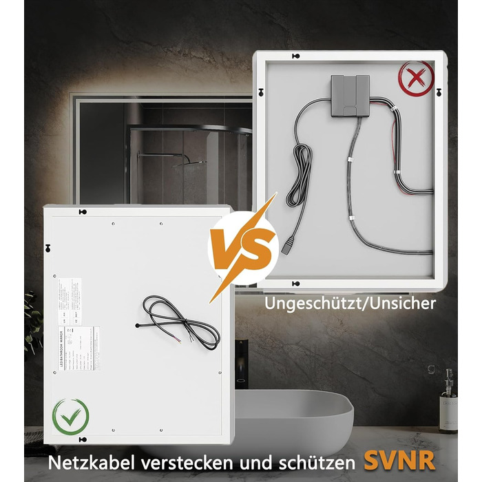 Дзеркало для ванної кімнати зі підсвічуванням SVNR, 70x50 см, LED, кутовий, з 4 мм дзеркалом без міді, dual-touch, регулювання кольору 3000K-6400K, антизапар, smart дзеркало