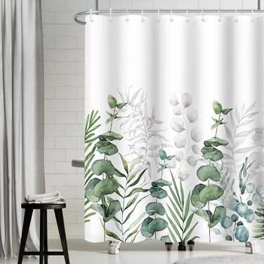 Штора для душу 180x220 см, антигрибкова, з тропічним дизайном (зелені пальмові листя, евкаліпт, гриби), водонепроникна, поліестер, для ванної кімнати, з 12 гачками
