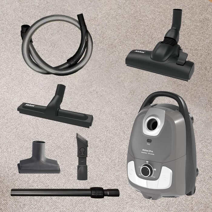 Пылесос Akitas C11 900W с мешком – сетевой шнур 7 м, радиус действия 10 м, тихая работа 70 дБ, с дополнительной насадкой для пола, регулируемая мощность всасывания, большой объем, для твердых полов и ковров