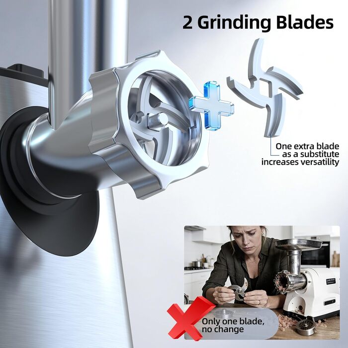 М'ясорубка електрична FIMEI 4-в-1 з насадками для ковбас та печива, нержавіюча сталь