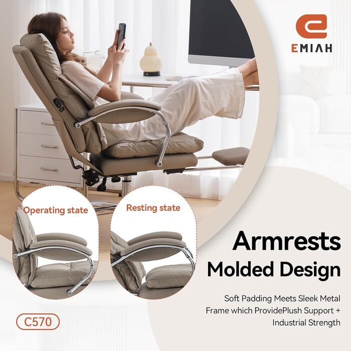 Офісний крісло EMIAH з підставкою для ніг, ергономічний крісло для офісу та дому, комп'ютерне крісло з PU шкіри, з підлокітниками та роликами (Хакі)