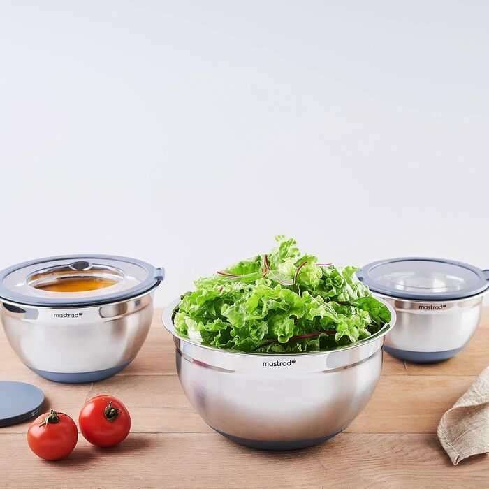 Набір міксерів Mastrad з нержавіючої сталі (3 шт.): 1,5L / 3L / 5L - салатниці з прозорим кришкою та ручками, для змішування, випічки, приготування та зберігання продуктів, придатні для миття в посудомийній машині