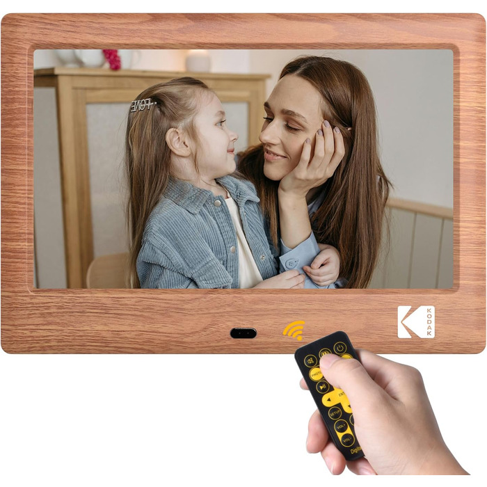 Цифровий фотоальбом Kodak 7 дюймів з IPS екраном, підтримка USB/SD, відтворення фото/музики/відео, календар, будильник, з пультом керування (дерево)