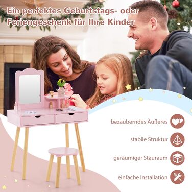 Дитячий туалетний столик COSTWAY 2-в-1 зі стільчиком та дзеркалом, з 2 шухлядами, гребінцем, для дівчаток 3-7 років (Рожевий)