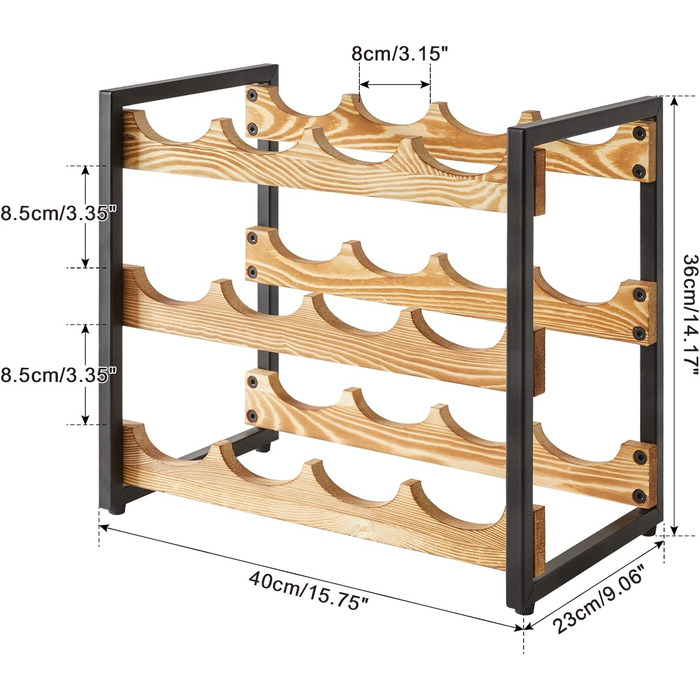 Стеллаж для вина IBUYKE: 3 яруси, 12 пляшок, металевий каркас, дерево, для кухні, бару, вітальні