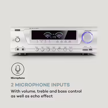 Auna AMP 3800 BT 5.0 - HiFi підсилювач 2x120 Вт + 3x50 Вт, Bluetooth, USB, SD, 2 мікрофонних входи, DVD-стерео, лінійний вихід, сріблястий