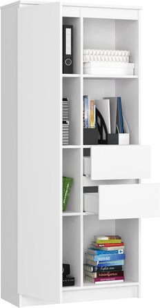 Офісна книжкова шафа AKORD CLP 80 см 7 полиць 2 шухляди та дверцята для документів Книги для спальні шафа Шафа для вітальні Ламінована дошка 16 мм Колір White Wit