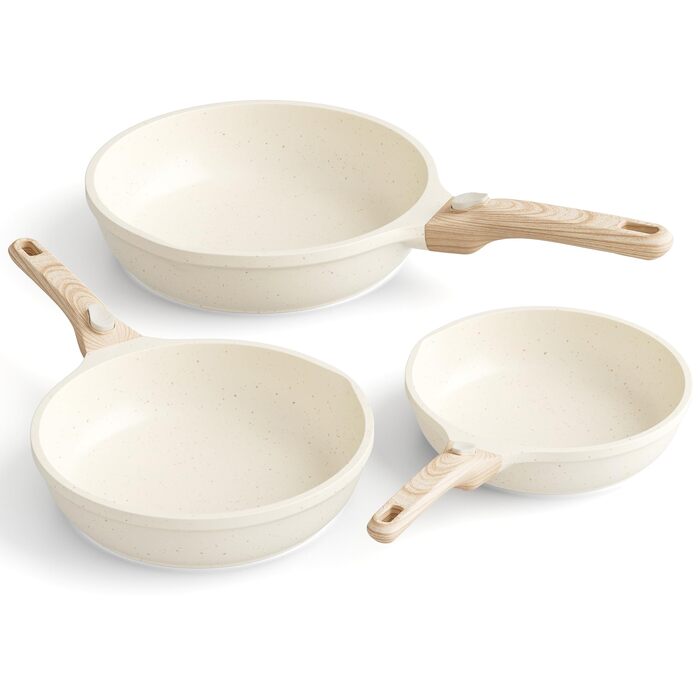 Набір сковорідок RIOVARM з індукційним покриттям та знімними ручками, антипригарний набір сковорідок з кришками 20, 24, 28 см, без PFOA, посуд для всіх типів плит, придатний для миття в посудомийній машині та духовці (Бежевий, 3 шт.)