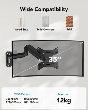 Кріплення для монітора HUANUO, 17-35 дюймів, LED/LCD/TV, VESA 75/100/200mm, регульоване, поворотне, з газовою пружиною