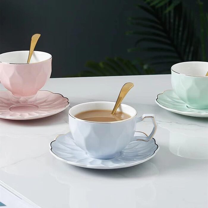 Набір чайних чашок і блюдців fanquare об'ємом 200 мл для 1 людини, керамічна чашка із золотою оправою, порцелянова кавова чашка з ложечкою, темно-зелений (рожевий)