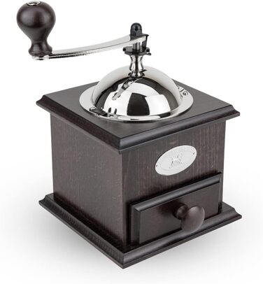 Кавомолка Peugeot Nostalgie - ручна, з регульованим сталевим жорном, 21 см, з воронкою, з бука, шоколадного кольору