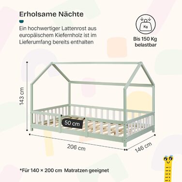 Дитяче ліжко Sisimiut Hausbett Montessori від en.casa з бар'єром безпеки. Дерев'яне ліжко для дітей, ліжко-платформа, сосна, світло-сірий/білий, 140 x 200 см (без матрацу)