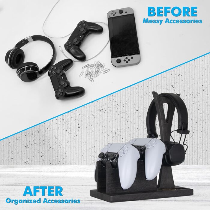 Організатор для геймерських контролерів з підставкою для навушників – дерев'яний аксесуар для ігор, чорний колір
