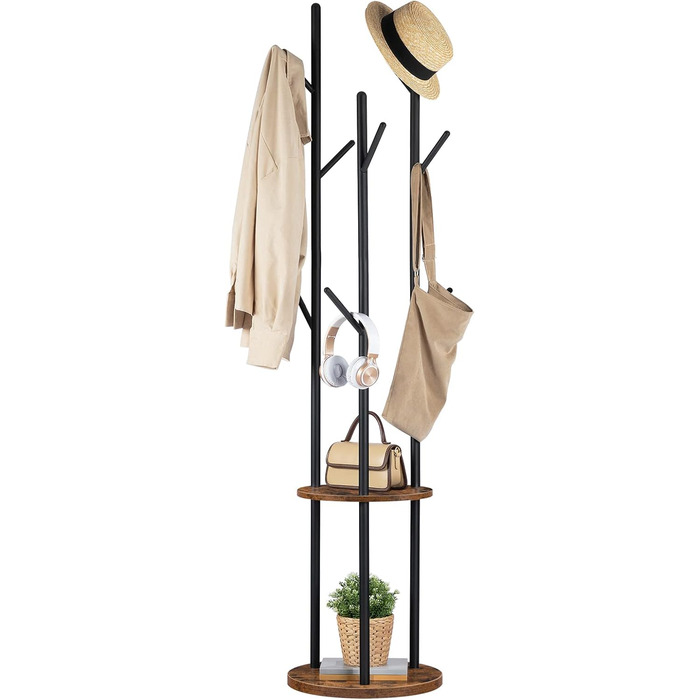 HOOBRO Стійка для одягу, вільна стоянка, вішалка для одягу у вигляді дерева з 8 гачками, 2 круглі полиці, для одягу, капелюхів, сумок, вітальні, спальні, офісу, темно-коричневий + чорний