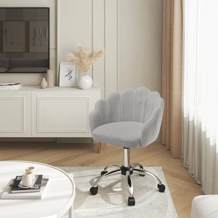 Крісло WOLTU для офісу та дому, крісло до туалетного столика з підлокітниками у вигляді пелюсток, поворотне з роликами, регульоване по висоті, для робочого кабінету, спальні (Світло-сірий, кашеміровий матеріал)