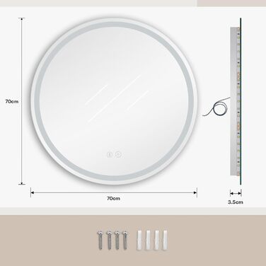Дзеркало для ванної кімнати Dripex круглої форми з підсвічуванням LED, сенсорне керування, регулювання яскравості, 3 кольори світла, запобігання запотіванню, 50x50 см (Bluetooth, запобігання запотіванню, 3 кольори, регулювання яскравості)
