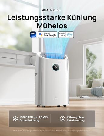 Мобільний кондиціонер Dreo 10000 BTU з охолодженням без дренажу, керуванням через додаток/голос/пульт, таймером 24 години та функцією вентилятора/зневожувача, AC515S