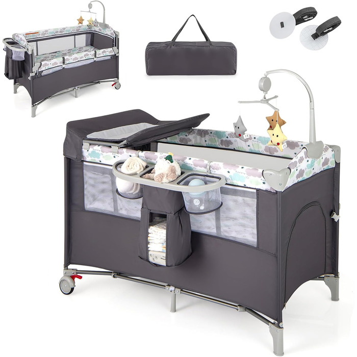 Дитяче ліжко-манежа Dreamade 120 x 60 см з колесами, 4 в 1: ліжко, манежа, пеленальний столик, туристичне ліжко для новонароджених (Сірий)