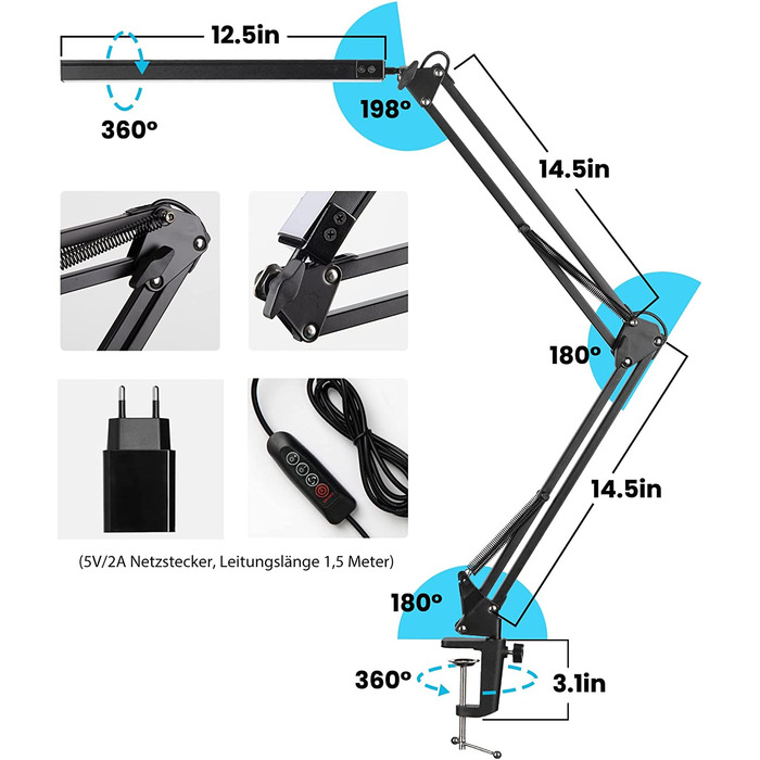 Світлодіодна настільна лампа з затискачем, 14 Вт затискна лампа з гусячою шиєю, робоча лампа для архітекторів 1100 лм 5 кольорів X 10 рівнів яскравості з регульованою яскравістю, затискна лампа для захисту очей, Офісна настільна лампа, чорний (поворотний 
