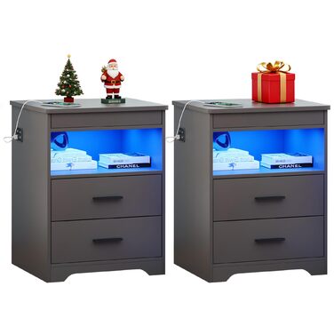 Нічний столик FREDEES з LED-підсвічуванням, ящиком та зарядкою, сірий (2 кольори)