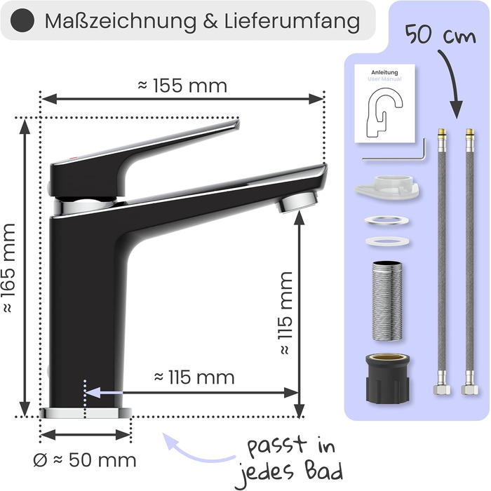 Змішувач для ванної кімнати Instmaier Amelie, одноlever, з міді (чорний/хром)
