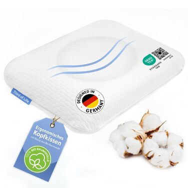 Ортопедична подушка Elora з Memory Foam, 40x60x12 см, для сну на боці та на спині, 100% органічна бавовна