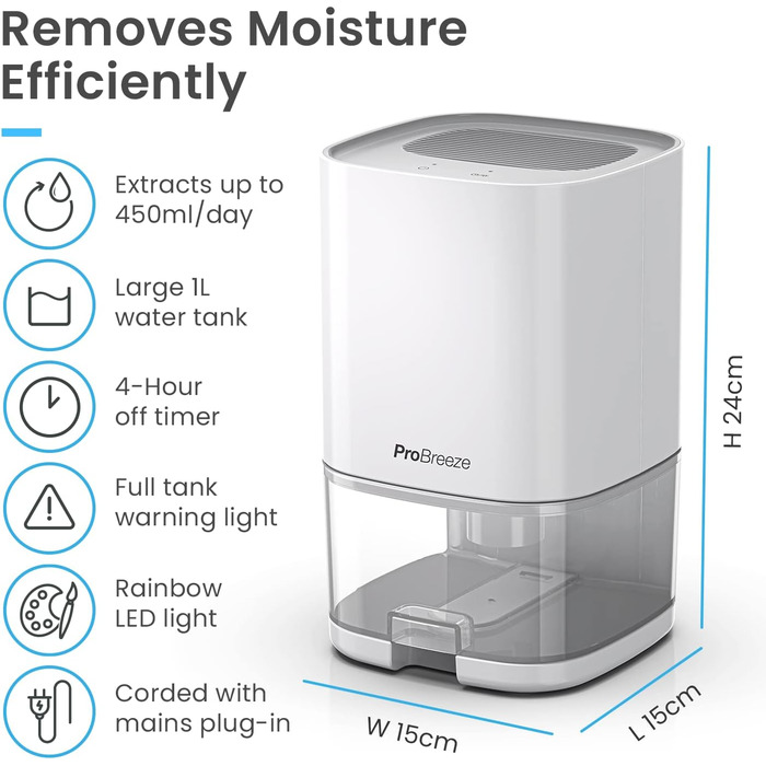 Електричний осушувач повітря Pro Breeze 1000 мл з таймером та нічником - для ванної, спальні, шафи та підвалу. Білий