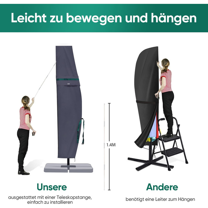 Чохол для садового парасоля Sekey, 260 x 40/70/50 см, темно-сірий, водонепроникний, з вентиляційними отворами