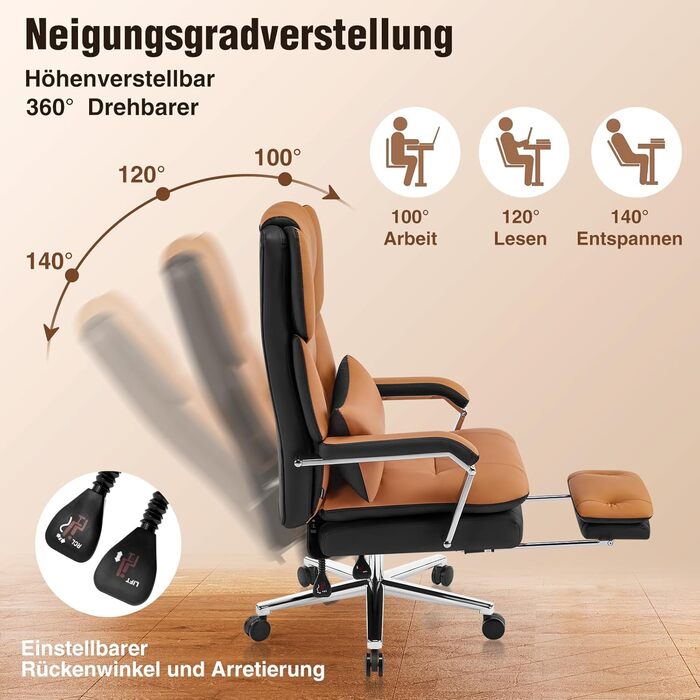 Ергономічне крісло для офісу, шкіра PU, крісло для начальника, 200 кг, з підніжкою та підтримкою попереку, для дому та офісу, регульоване, висока спинка, чорне, 1 шт.