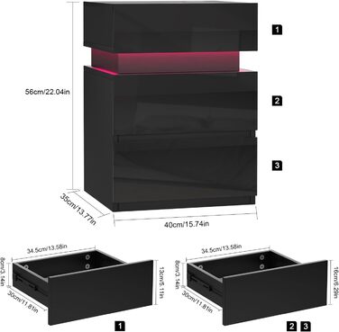 Набір з 2 тумбочок Чорний Глянцевий з LED підсвічуванням, 3 шухляди, 16 кольорів, 40x35x55см