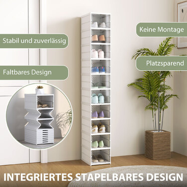 10-ярусна полиця для взуття, шафа для взуття, складана, з вентильованою задньою стінкою, пластик, біла