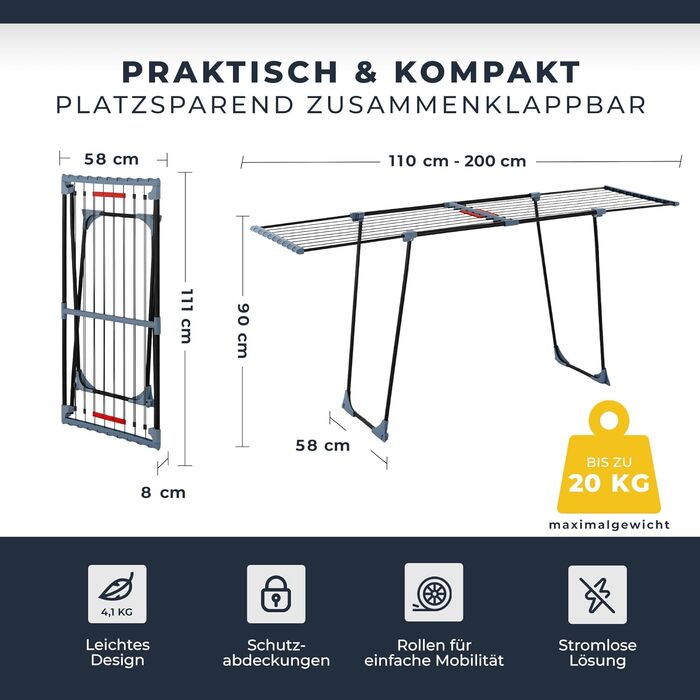 Розкладна сушарка для білизни Phoenix XXL – 20 м сушильної поверхні, чорна, стабільна, з клямками