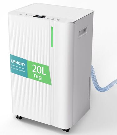 EUHOMY Електричний осушувач повітря 20л/день, для підвалу з відведенням води, тихий, з таймером та авторозморожуванням, для квартири 50м² та 150м³