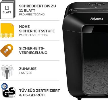 Fellowes Шредер для паперу LX70 (11 листів) з частинковим різанням, 18л кошик, захист від несанкціонованого доступу, чорний