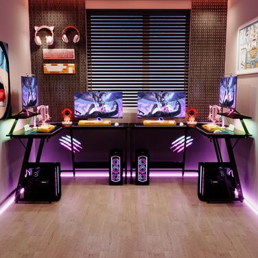 Ігровий кутовий стіл Devoko 130x130 см з LED RGB-підсвічуванням, підставкою для монітора та гачком для навушників, карбоновий білий колір
