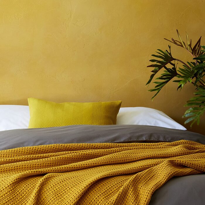 Покривало URBANARA Lixa-100 чиста бавовна, гірчично-жовтий, з текстурою в ялинку - 275 х 265 см, покривало, ковдра, покривало для ліжка, покривало для дивана, Бавовняна ковдра гірчично-жовтого кольору 275 х 265 см
