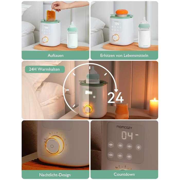 Momcozy Нагрівач для пляшечок Momcozy Nutri-Flaschenwärmer - 9-в-1 з точним контролем температури, нічним світлом, швидким нагрівом та автоматичним вимкненням. Сумісний з усіма пляшками.