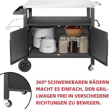 Набір для гриля з великою робочою поверхнею | Гриль-стіл, вуличний гриль-тролей, стіл з нержавіючої сталі для саду, срібно-чорний 112*59*82см