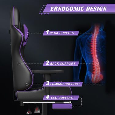 Ергономічне ігрове крісло bigzzia з поперековою подушкою та підголівником, регулюється по висоті (чорно-фіолетовий)
