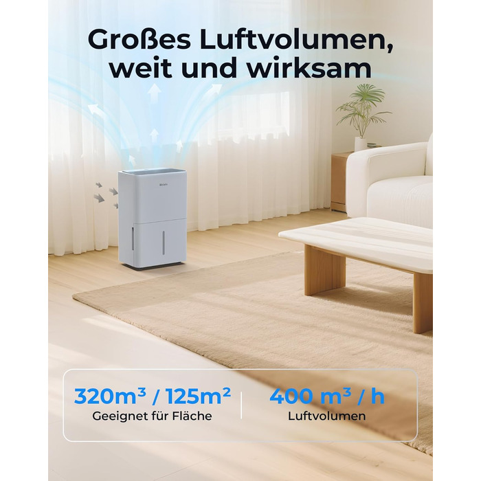 Електричний осушувач повітря 12L з таймером, для підвалів та приміщень до 122м³, з фільтром та 1м шлангом, 10 років гарантії, 50л/день