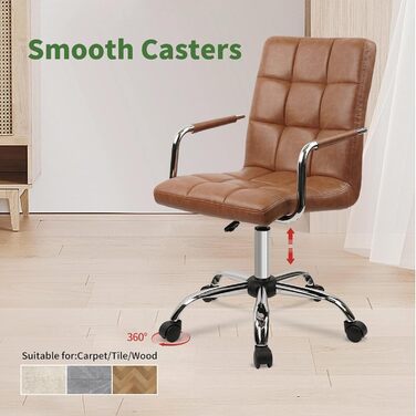 Офісний крісло Clatina з шкіри, на колесах, ергономічний, з середньою спинкою та підлокітниками, поворотне, регульоване по висоті, для дому, кабінету, 160 кг (Колір: Коричневий, Комплект: 4 шт.)