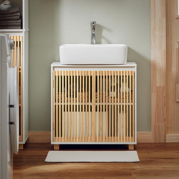 Тумбочка для ванної кімнати SoBuy, вузька, 30 см, з бамбуковими дверцятами, вологостійка, 33x165x33 см, BZR127-W (нижній шафчик)