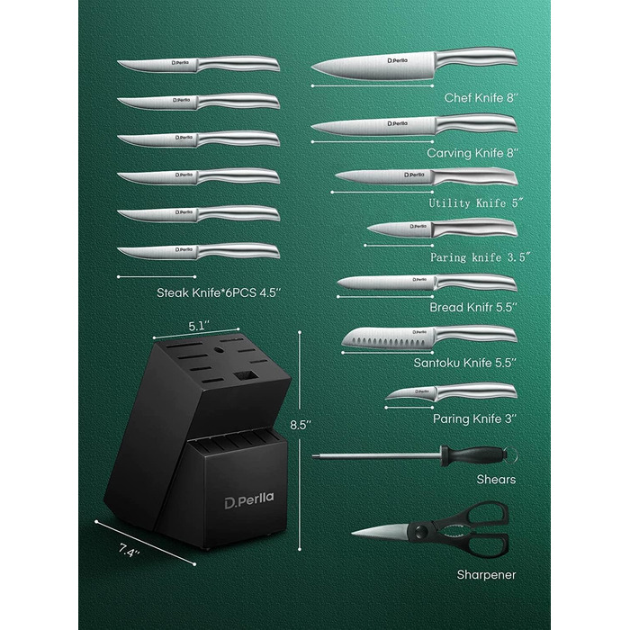 Набір кухонних ножів D.Perlla 16 предметів з бруском, професійний, нержавіюча сталь, чорний