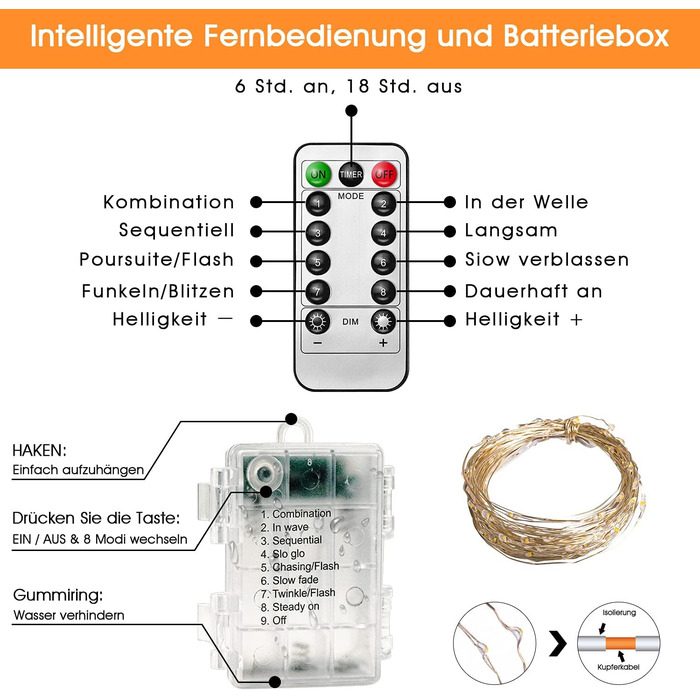 Ланцюжок прикрас з LED-лампочками, 100 LED, 10 м, 8 режимів, пульт дистанційного керування, таймер, теплий білий, диммування, акумуляторний, водонепроникний, для святкування Різдва