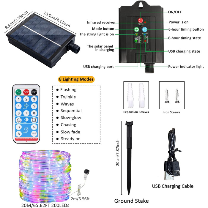 Сонячний світлодіодний мотузковий ліхтар JIMACRO, IP65, 200 світлодіодів, 8 режимів, різнокольоровий, 22 м для зовнішнього декору та Різдва