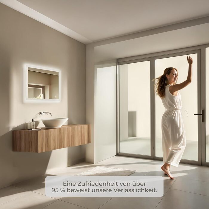 Дзеркало для ванної кімнати з підсвічуванням LED, 70x50 см, регульоване світло 6500K, сенсорне керування, вертикальна/горизонтальна установка