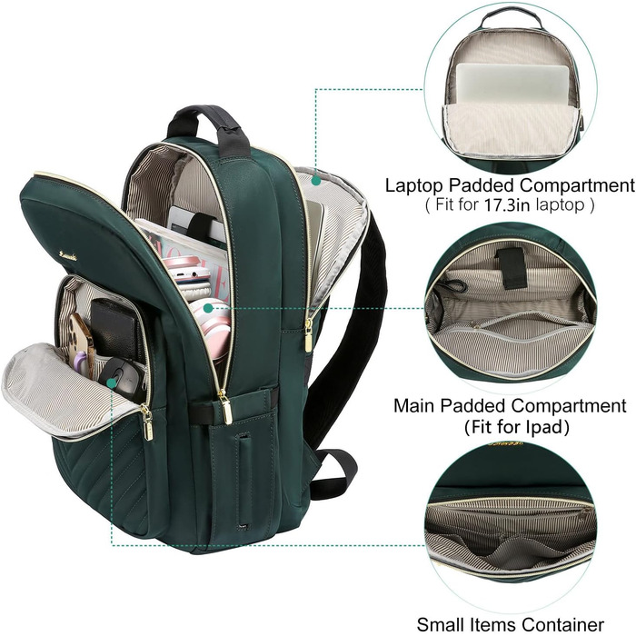 LOVEVOOK Рюкзак для жінок, великий, 15.6 дюймів, сумка для ноутбука, водонепроникний, шкільний рюкзак для дівчат-підлітків, чорний, елегантний рюкзак для роботи, навчання, подорожей (17.3 дюйми, темно-зелений)