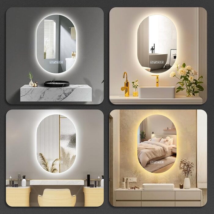 Дзеркало для ванної кімнати 600 мм з підсвічуванням, регульоване, з сенсорною кнопкою, функцією запобігання запотіванню та таймером | IP44, вологостійке, для ванної кімнати, готелю, кругле (Музика 500 мм 750 мм)